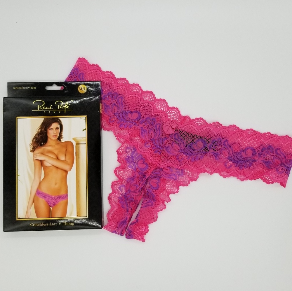 NIB Rene Rofe Crotchless Lace V-Thong Medium